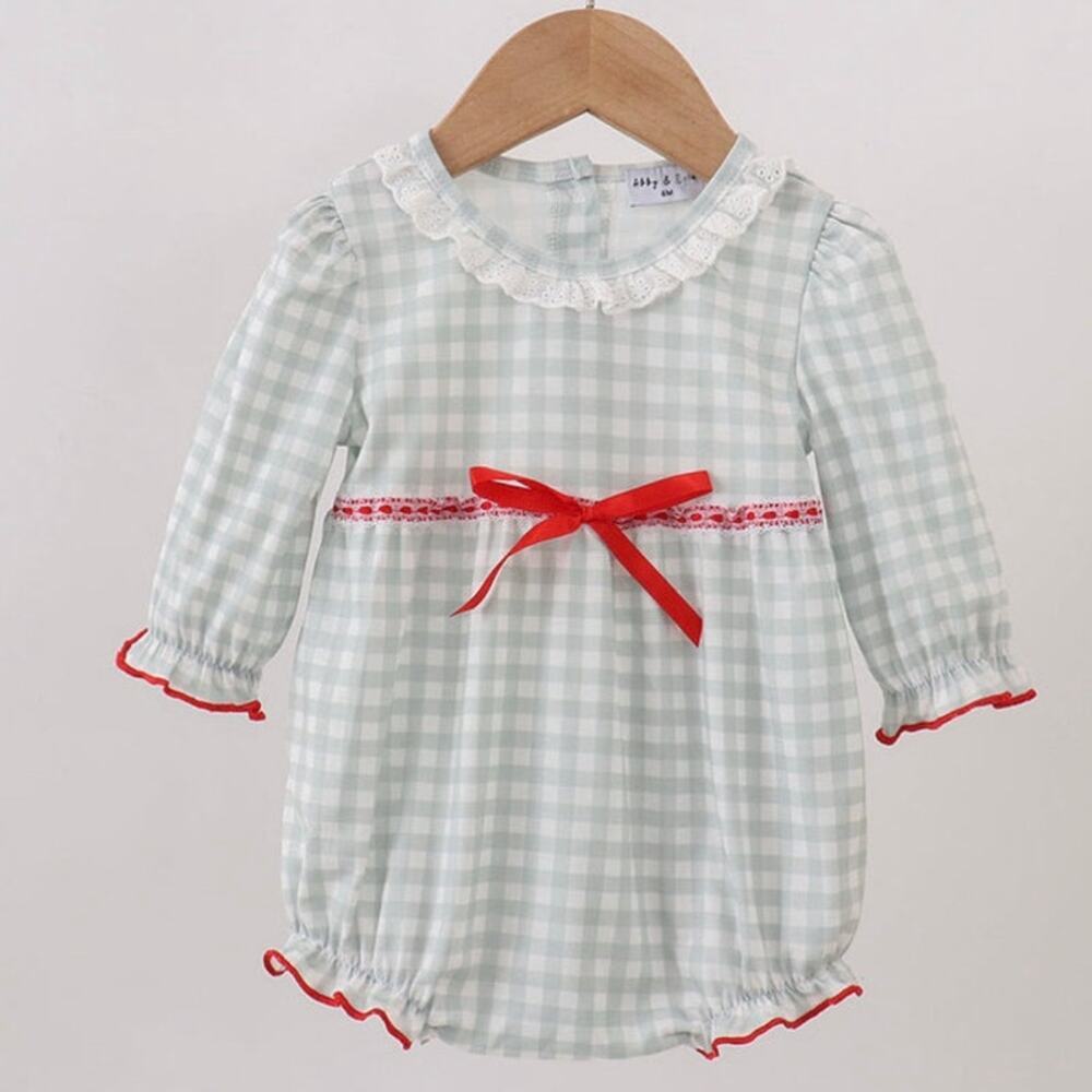 NEW Abby & Evie Christmas‎ Gingham Lace Collar Romper Bow Trim Baby Bubble 9M